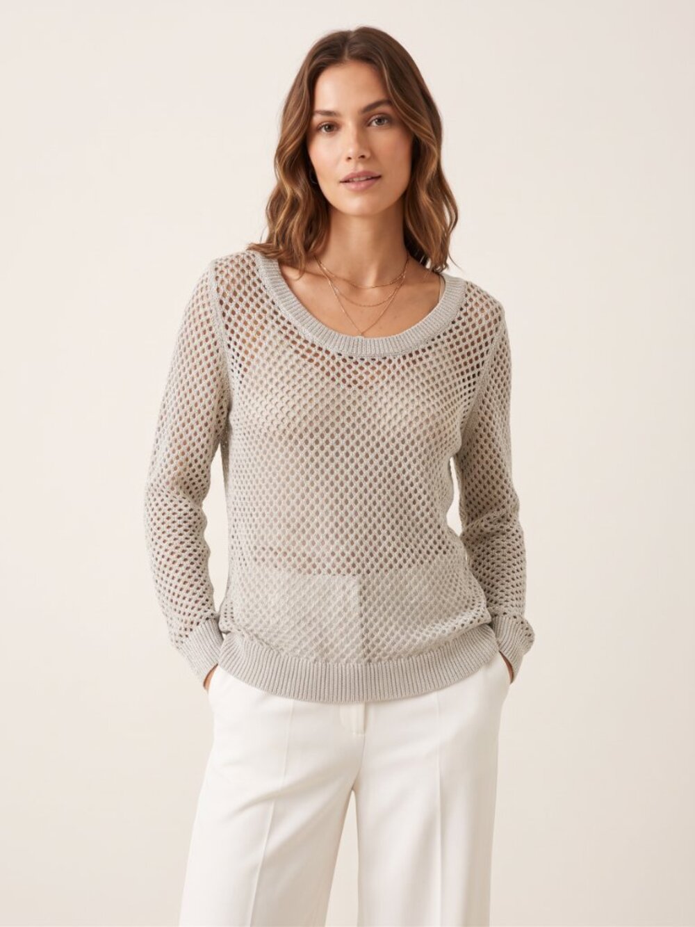 Studio Y Light Gray Metallic Shimmer Open Knit Scoop Neck Sweater Women's L